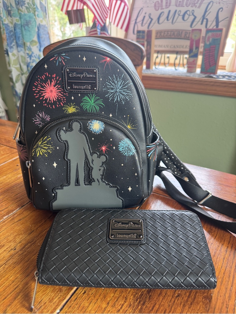 Loungefly Black Fireworks Mini Backpack w/Matching Wallet 100th year celebration